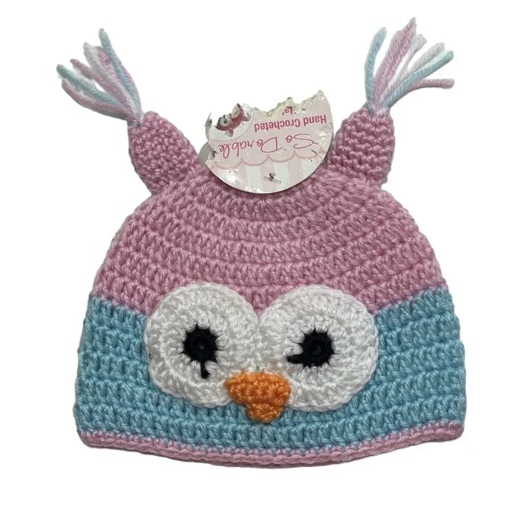 SO DORABLE Hand Crocheted Owl Bird Baby Winter Hat 0-6‎ Mos. Multi Beanie Boggan